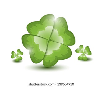 Four-leaf clover with two small three-leaf clovers, EPS 10, isolated