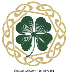 Four-leaf clover in vintage, retro style. Irish symbol for the feast of St. Patrick, isolated on white, vector illustration