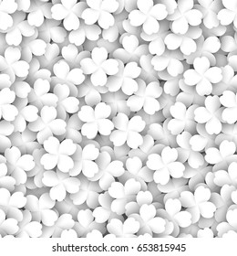 Four-leaf clover as a white texture concept. 3D vector illustration monochrome clover grass plant seamless pattern. Modern light color wallpaper, background, backdrop or design element.