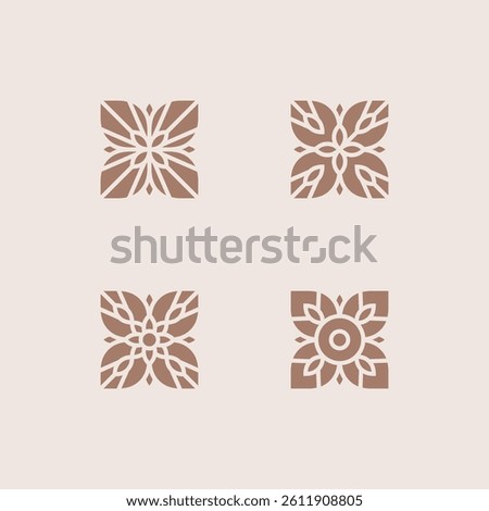 Four-leaf flower design element. Set of 4 geometric shape. Modern linear design emblem.  Modern abstract linear compositions and graphic design elements.