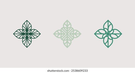 Four-leaf flower element. Set of 3 geometric emblem. Modern abstract linear shape for emblem, badge, insignia.