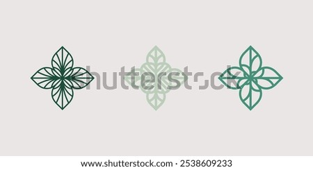 Four-leaf flower element. Set of 3 geometric emblem. Modern abstract linear shape for emblem, badge, insignia.