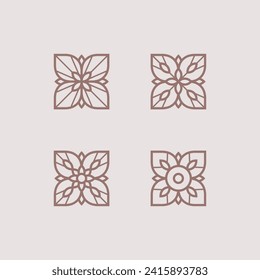 Four-leaf flower element. Set of 4 geometric emblem. Modern abstract linear shape for emblem, badge, insignia.