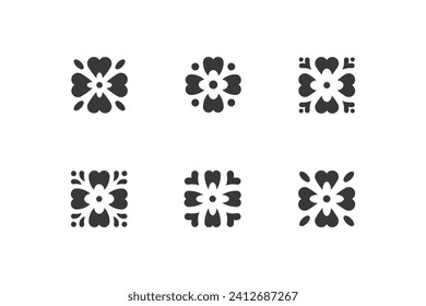 Four-leaf flower element. Set of 6 geometric emblem. Modern abstract decor element for emblem, badge, insignia.