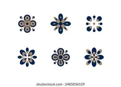 Four-leaf flower element. Set of 6 geometric emblem. Modern abstract linear shape for decor and pattern.