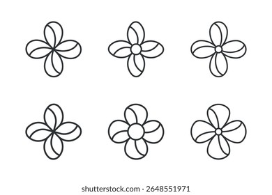 Four-leaf flower element. Set of 6 geometric emblem. Modern abstract linear shape for emblem, badge, insignia.