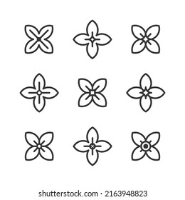 Four-leaf flower element. Set of 9 geometric emblem of lilac flower. Modern abstract linear shape for emblem, badge, insignia.