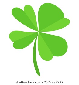 Four-leaf green clover with heart-shaped leaves isolated on a white background. Simple flat illustration. St. Patrick's Day and luck symbol concept