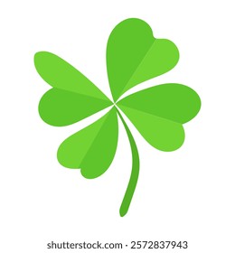 Four-leaf green clover with heart-shaped leaves isolated on a white background. Simple flat illustration. St. Patrick's Day and luck symbol concept