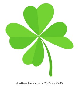 Four-leaf green clover with heart-shaped leaves isolated on a white background. Simple flat illustration. St. Patrick's Day and luck symbol concept