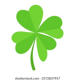 Four-leaf green clover with heart-shaped leaves isolated on a white background. Simple flat illustration. St. Patrick's Day and luck symbol concept