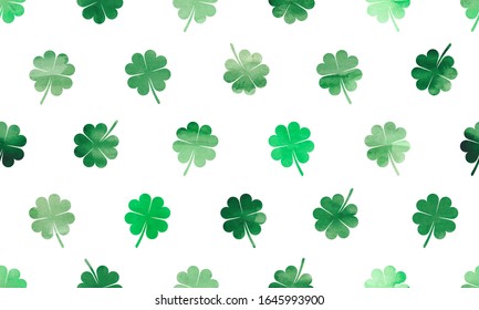 Four-leaf lucky clovers seamless pattern. Watercolor background for Saint Patrick's Day.