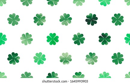 Four-leaf lucky clovers seamless pattern. Watercolor background for Saint Patrick's Day.