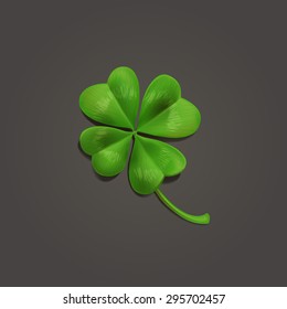 Four-leaf Realistic Lucky Clover Leaf On Dark Background. Vector Illustration