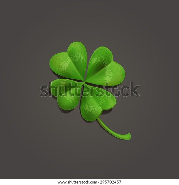 Four-leaf realistic lucky clover leaf on\
dark background. Vector\
illustration