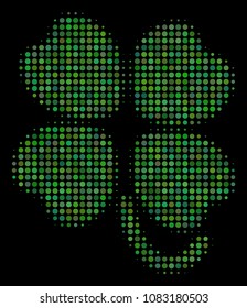 Four-leafed clover halftone vector icon. Illustration style is pixelated iconic four-leafed clover symbol on a black background. Halftone structure is created from round spots.