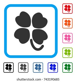 Four-Leafed Clover icon. Flat grey pictogram symbol in a light blue rounded frame. Black, gray, green, blue, red, orange color versions of Four-Leafed Clover vector.