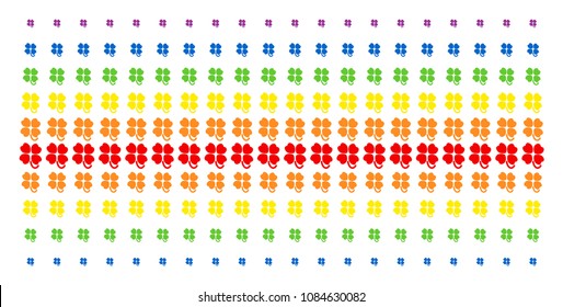 Four-Leafed Clover icon spectrum halftone pattern. Vector objects arranged into halftone matrix with vertical spectral gradient. Designed for backgrounds, covers, templates and abstract compositions.