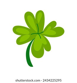 Four-leafed. Vector flat St. Patrick's Day illustration of a green lucky clover leaf isolated on a white background. A colored green object. A spring plant with heart-shaped leaves