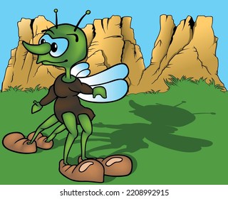 A Four-legged Green Beetle with Wings - Colored Cartoon Illustration with Background, Vector