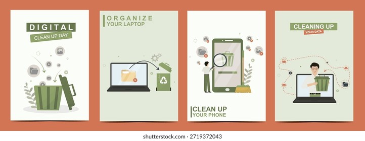cartazes do dia da limpeza digital de quatro painéis mostrando o laptop organizado, limpe seu telefone com lixeiras, personagens e dispositivos para o gerenciamento sustentável de dados. Dia da limpeza digital. Ilustração vetorial