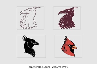 Uma ilustração de quatro painéis mostrando a evolução do design da cabeça de um pássaro, de um esboço a uma silhueta e, finalmente, uma ilustração cardinal vibrante e detalhada.