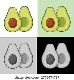 A four-panel set of avocado halves in full color and grayscale, featuring versions with and without seeds.