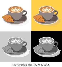 A four-panel vector set of a latte with heart art and a croissant, shown in full color and grayscale variations.