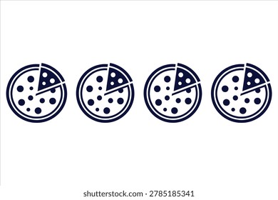 Four-part pizza slice icon set with navy blue and white minimalist design showcasing progressive toppings variety for branding and digital use