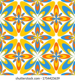 Four-petal flower portuguese azulejos tiles seamless pattern. Wrapping print design. Linear geometric floral ornament. Arabesque four-petal flowers seamless background. Ceramic tile pattern.
