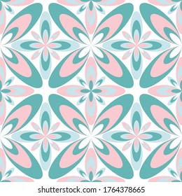 Four-petal flower portuguese azulejos tiles seamless pattern. Packaging print design. Modern geometric floral ornament. Arabesque quatrefoil flowers seamless background. Decorative tiles.