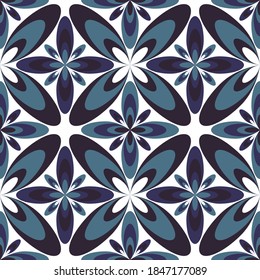 Four-petal flower portuguese azulejos tiles seamless pattern. Carpet print design. Ethnic geometric floral ornament. Arabesque quatrefoil flowers seamless background. Decorative tiles.