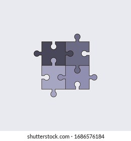 Four-piece puzzle in gray with a gradient. Symbol of unity and cohesion. Vector illustration. Stock Photo.