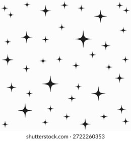 Estrellas de cuatro puntas, patrón blanco y negro. Una disposición abstracta de Formas estelares de diferentes tamaños.