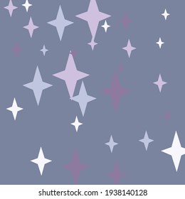 Vier-Punkte-Magic Night Pastel Neujahr Hintergrund. Purple Print Stars Sky Pink Violet Komposition. Weiße dunkle Winter-Feiertagsfarben-Illustration. Weihnachtsweihnachtsmuster aus dem Weihnachtsmunde.