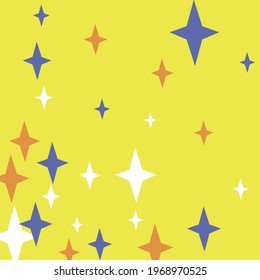 Four-pointed New Year Retro Print Stars Background. Indigo Christmas Color Orange Winter Sky Wallpaper. Yellow Night Blue Santa Dark Background. Magic Chaotic Mystery Holiday White Ornament.