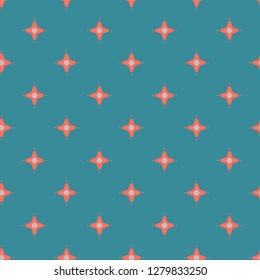 Four-pointed stars - seamless pattern. Coral colored stars with rays, blue-gray background, the correct location. For fabric, clothing, paper, wrappers, surfaces, background, etc.
