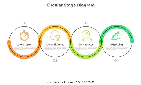 Fourround Links Connected Into Horizontal Chain. Concept Of 4 Stages Of Startup Development Plan Or Business Strategy. Linear Infographic Design Template. Modern Vector Illustration For Banner.