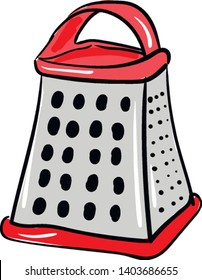 Un gráter en caja de cuatro caras diseñado con un mango con un marco rojo está listo para cortar verduras y frutas aisladas en fondo blanco, vector, dibujo de color o ilustración.