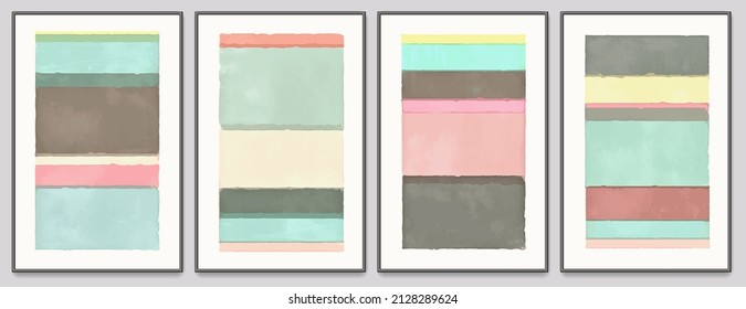 A foursome of abstract vector art in a watercolor block style. Coordinated color palette of teals, grays, pinks, and yellows