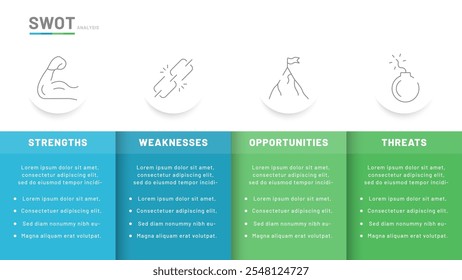 Vierstufige SWOT-Analyse in Form einer Vorlage für Präsentationsfolien. Es besteht aus einer Analyse der Stärken, Schwächen, Chancen und Bedrohungen. Bearbeitbare Symbole