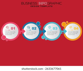 Four-Step Business Infographic Template with Sequential Circular Sections, Crimson Red Background, Colorful Arrows, Numbered Steps, Strategy Icons, Workflow Visualization, Editable Vector, Marketing, 