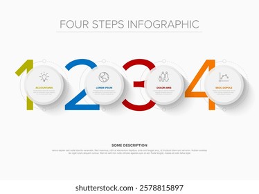 A four-step circular infographic displays numbers and icons, highlighting accountancy processes. With vibrant colors, this infographic effectively illustrates a step-by-step workflow.