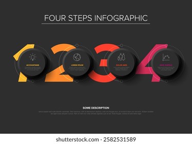 A four-step dark circular infographic displays numbers and icons, highlighting accountancy processes. With vibrant colors, this infographic effectively illustrates a step-by-step workflow.