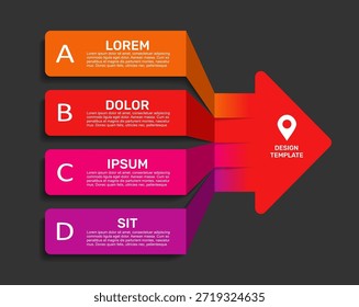 Infografía de cuatro pasos con Anuncios de flechas, ideal para visualización de procesos o presentación. Ilustración vectorial.