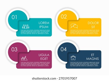 Infografía de cuatro pasos con iconos, encabezados y bloques de texto para negocios, presentaciones o visualización de datos. Vector.