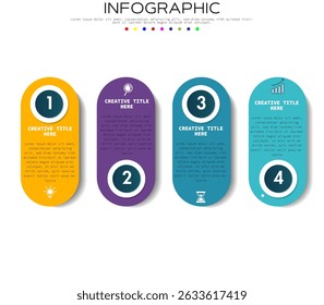 Four-Step Infographic Template with Distinct Oval-Shaped Panels in Orange, Purple, Teal, and Turquoise,  Subtle Shadow Effect for 3D Depth, Modern Design