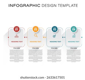 Four-Step Infographic Template with Light Gray Rounded Rectangular Boxes, Offset 3D Effect,