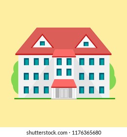 Four-storey building with an attic on the fourth floor. Vector illustration in a flat style.