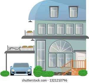 Four-storey green cottage with a terrace and a balcony and a tent for the car. Vector illustration.